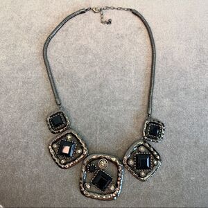 BLACK and dark silver square gem jewel rhinestone costume jewellery necklace